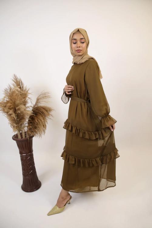 Zaytoon- Radiant Chiffon Fully Lined Maxi Dress With Tiered Ruffles- Olive Green - view 2
