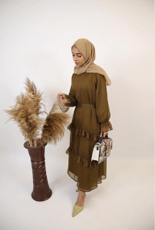 Zaytoon- Radiant Chiffon Fully Lined Maxi Dress With Tiered Ruffles- Olive Green - view 3