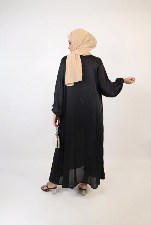 Suwad- Classy Satin Two Piece Faux Pearl Throw Over Abaya With Inner Slip Dress- Charcoal Black - view 2