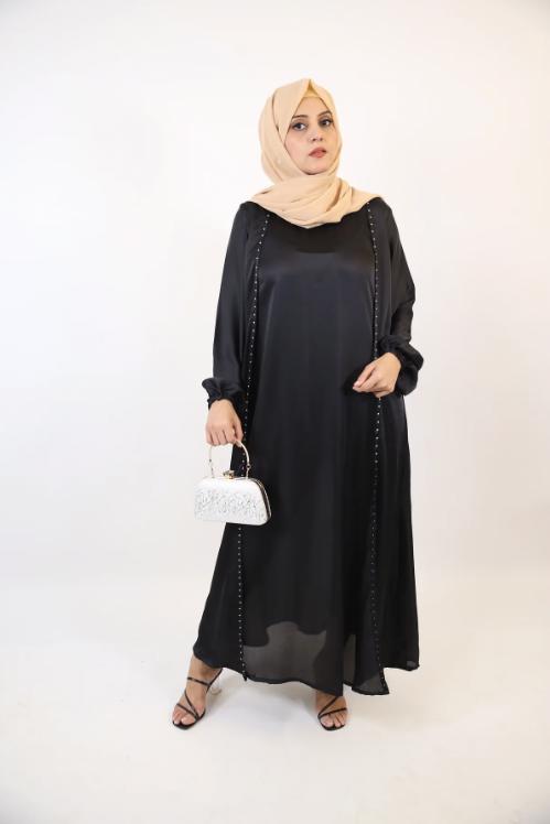 Suwad- Classy Satin Two Piece Faux Pearl Throw Over Abaya With Inner Slip Dress- Charcoal Black - view 3