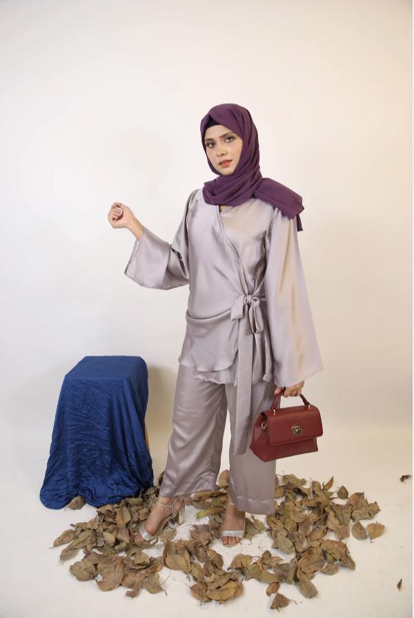 Aqdah- Chic Satin Modest Two Piece Co ord Set With Knot Detailing And Spanish Pants- Silver Grey