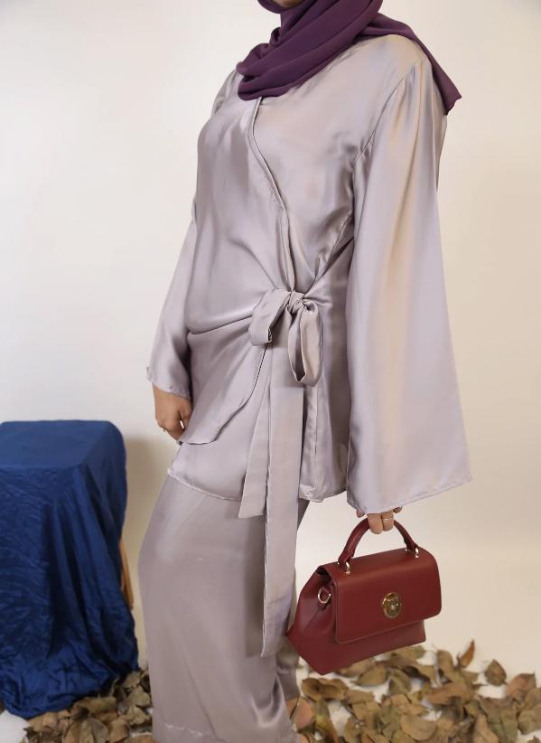 Aqdah- Chic Satin Modest Two Piece Co ord Set With Knot Detailing And Spanish Pants- Silver Grey - view 3