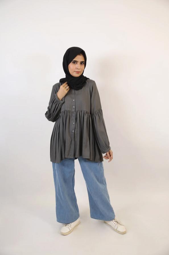 Ramadi- Dazzling Modest Pleated Cotton Shirt- Ash Gray