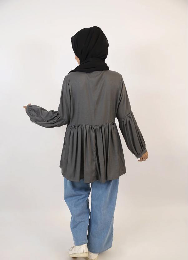 Ramadi- Dazzling Modest Pleated Cotton Shirt- Ash Gray - view 2