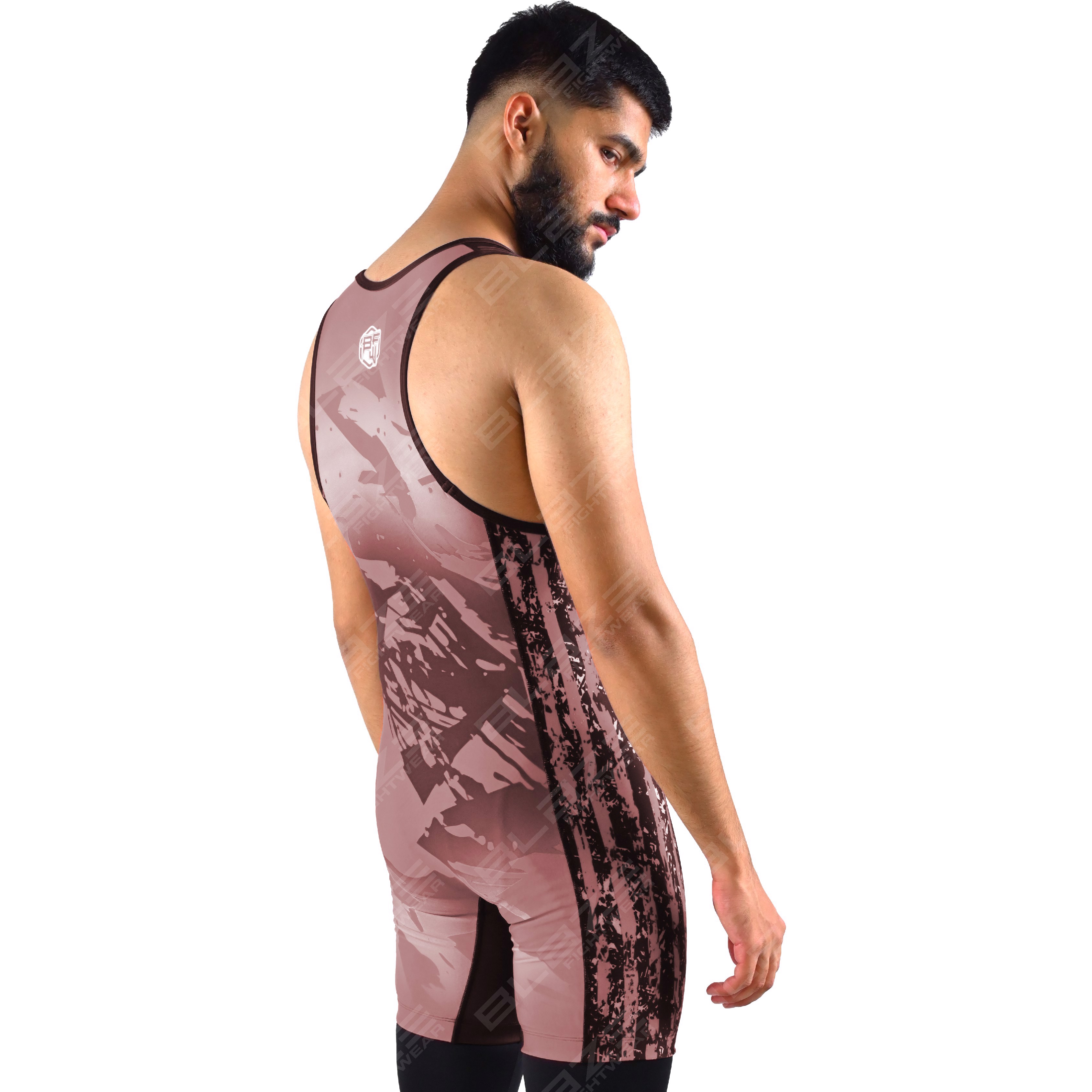  OEM men's high-elastic powerlifting singlet, one-piece design with a sophisticated knitted pattern.