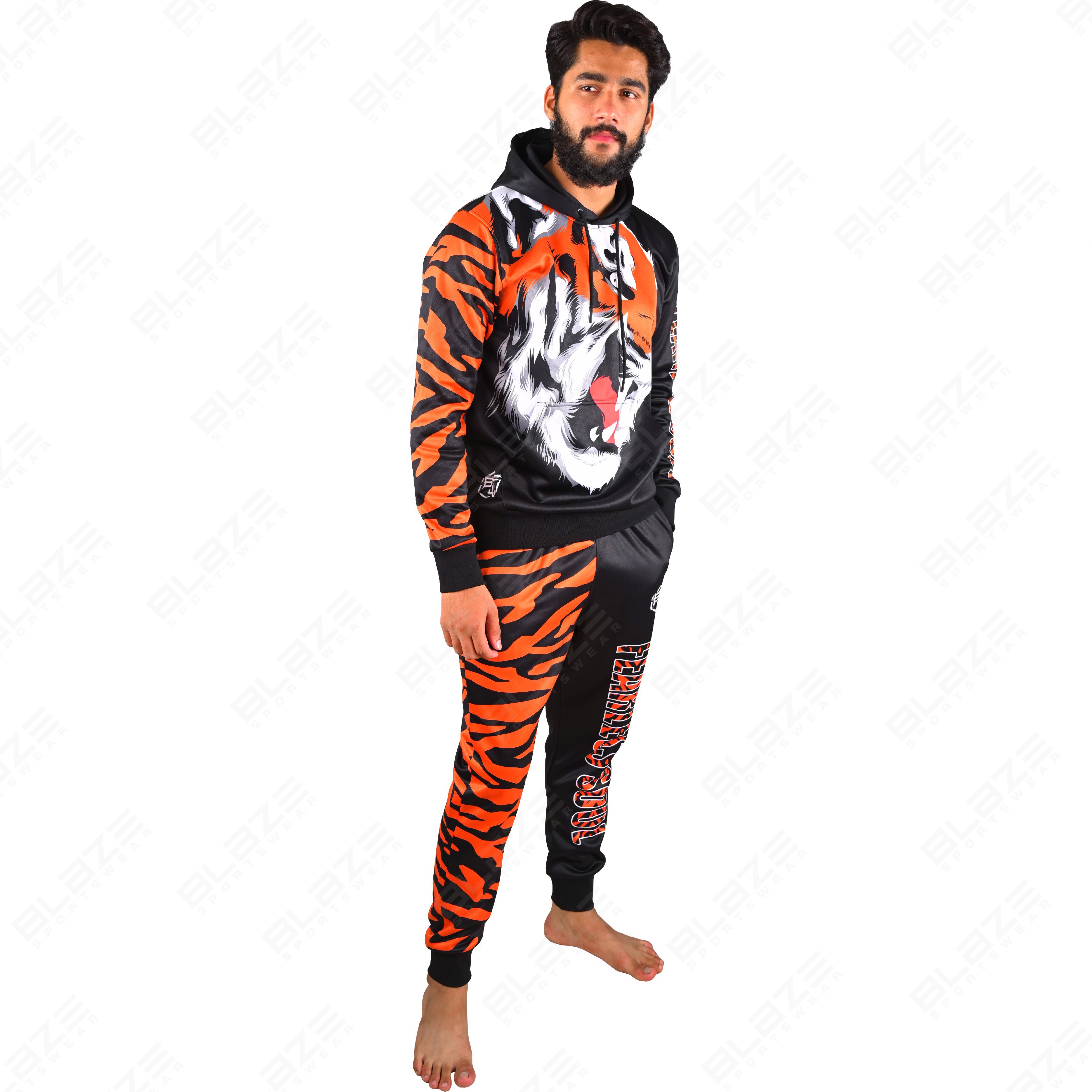 Custom men's slim-fit knitted tracksuit with sublimation and embroidered print, OEM available.