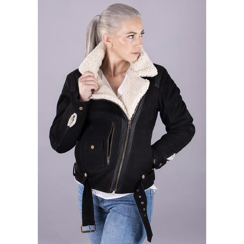 LADY AVIATOR BLACK NUBUCK SHEARLING JACKET