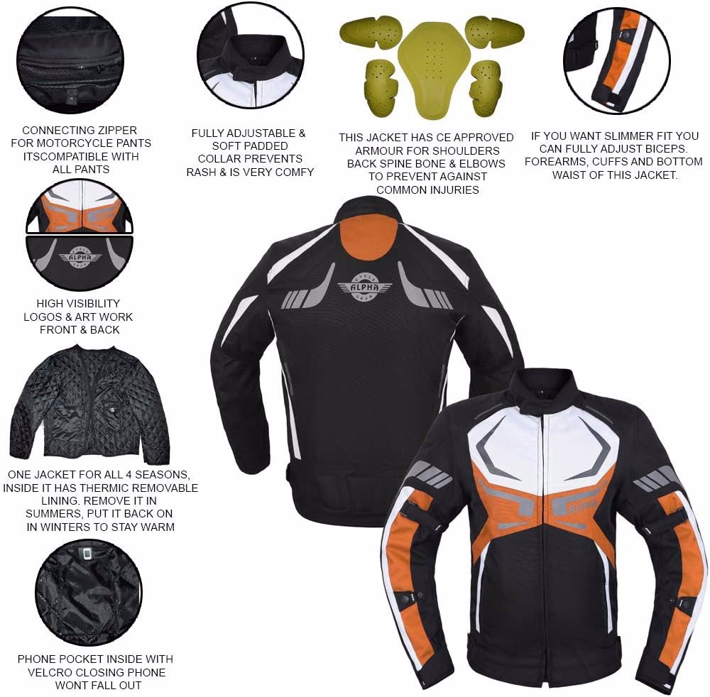 MOTORCYCLE JACKET MENS CE ARMORED BIKERS RIDING RACING WATERPROOF ALL SEASON JACKET (ORANGE, MEDIUM) - view 3