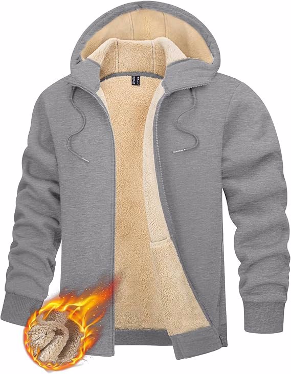 Men's Zip Up Sherpa Lined Hoodies Thick Fleece Heavyweight Jacket Windproof Thermal Zipper Sweatshir