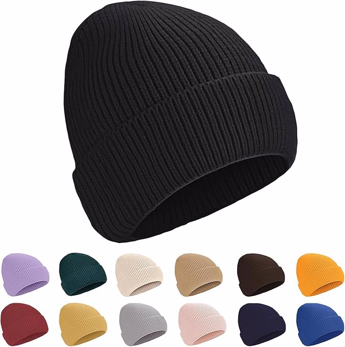 Thick Knitted Beanie for Men Women Cuffed Plain Hat Winter Slouchy Ski Beanies