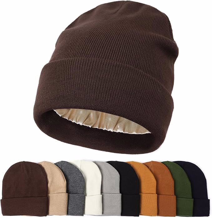 Satin Lined Beanie Hats for Women Men Knit Acrylic Beanie Winter Hat Silk Lining Soft Slouchy Warm 