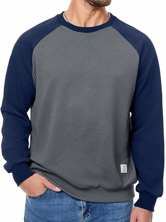 Men's Fall Crewneck Sweatshirts Patchwork Long Sleeve Geometric Texture Casual Pullover Shirt