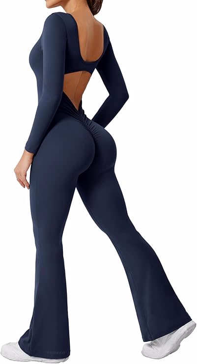One Piece Wide Leg Jumpsuits for Women Workout Long Sleeve Backless Flare Jumpsuit Lizvette Scrunch