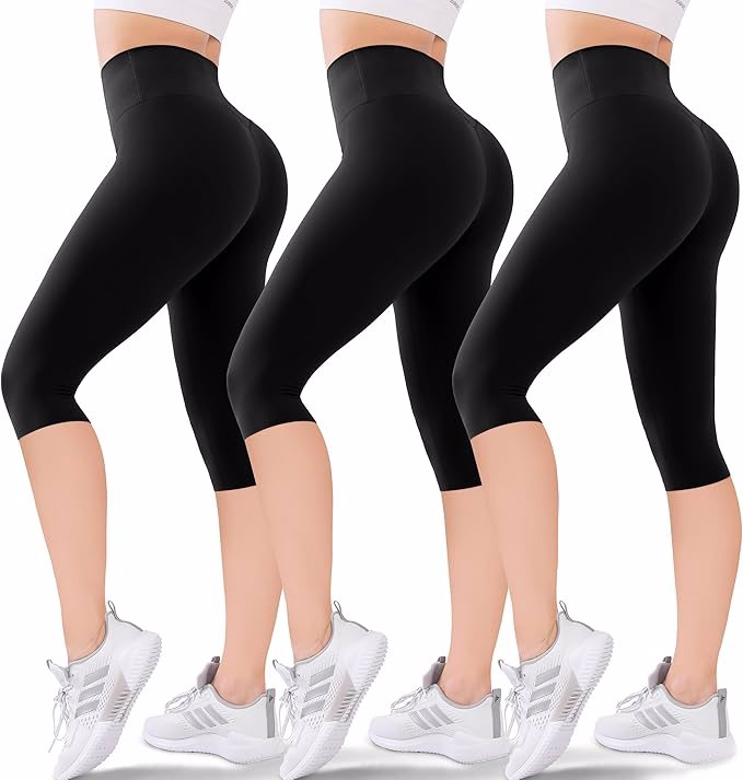 Women's Pockets Knee Length Leggings-High Waisted Capri Pants Biker Shorts for Women Yoga Workout Ex