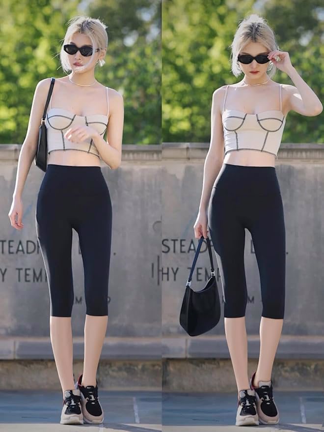 Women's Pockets Knee Length Leggings-High Waisted Capri Pants Biker Shorts for Women Yoga Workout Ex - view 2