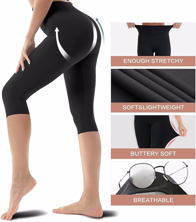 Women's Pockets Knee Length Leggings-High Waisted Capri Pants Biker Shorts for Women Yoga Workout Ex - view 3
