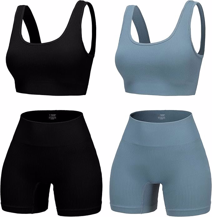 2 Piece Workout Sets for Women Seamless Ribbed High Waist Yoga shorts with Sports Bra Outfits
