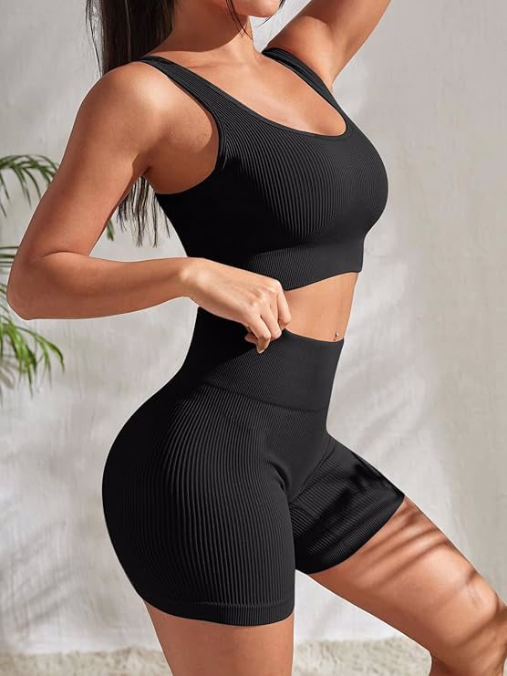 2 Piece Workout Sets for Women Seamless Ribbed High Waist Yoga shorts with Sports Bra Outfits - view 2