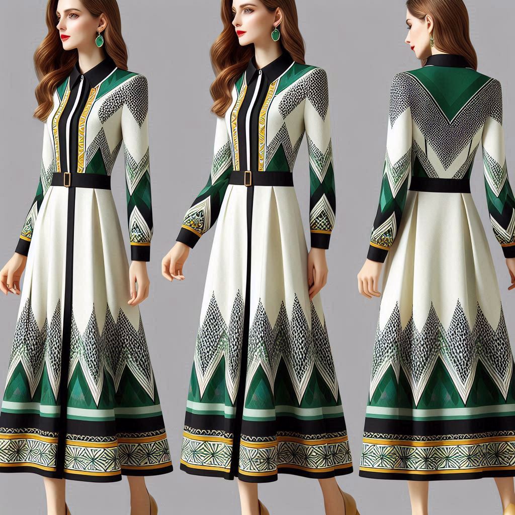 Long Dress with long sleeve overall, different black and white print, linen