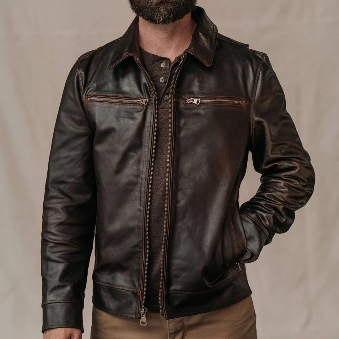 Men’s Flight Leather Jacket Made Of Leather And Has  A Stylish Shirt-Style Collar.