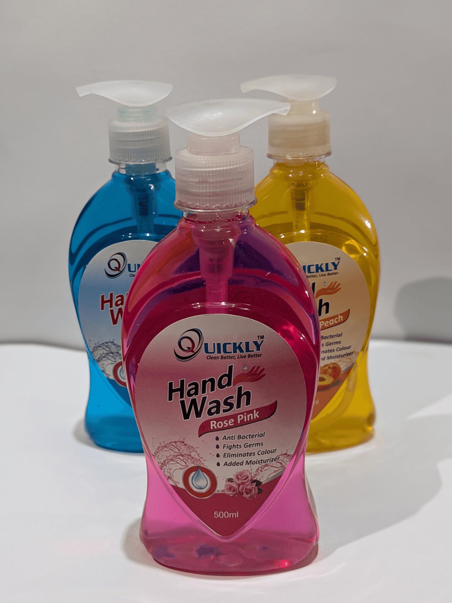 Quickly 500ml Antibacterial Hand Wash - Fresh Scents: Aqua Fresh, Peach Blossom, Rose Petal Bliss 