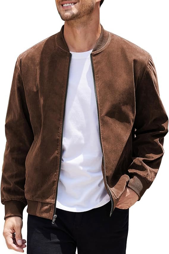Men's Casual Varsity Jacket Vintage Lightweight Suede Bomber Jackets