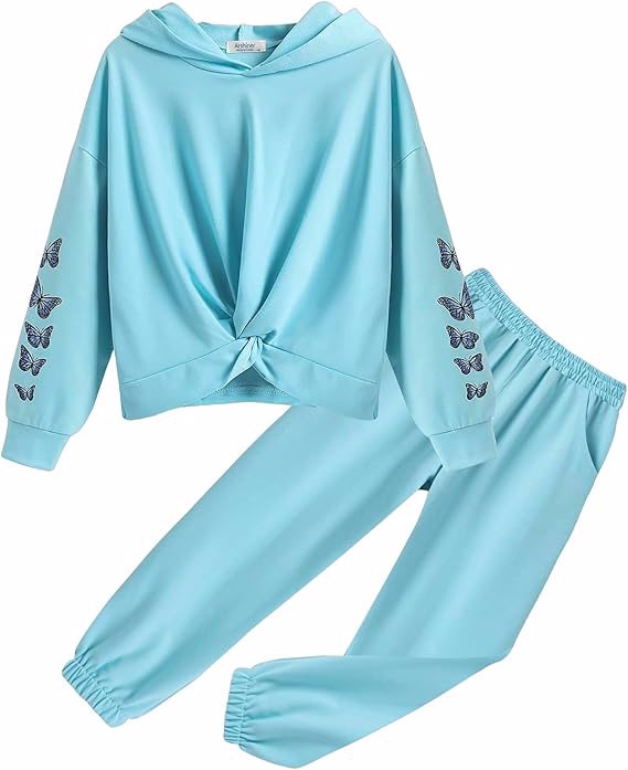 Girl's 2 Piece Outfits Tie-dye Twist Front Pullover Hooded Sweatsuits Sweatshirt and Sweatpants Clot