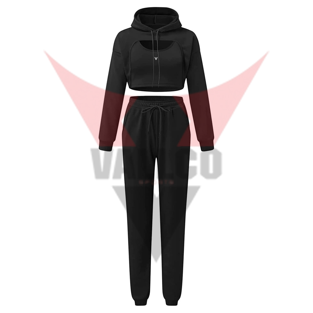 In Black Color Highest Quality Make Your Own Women Fitness Wear Crop Top Tracksuits