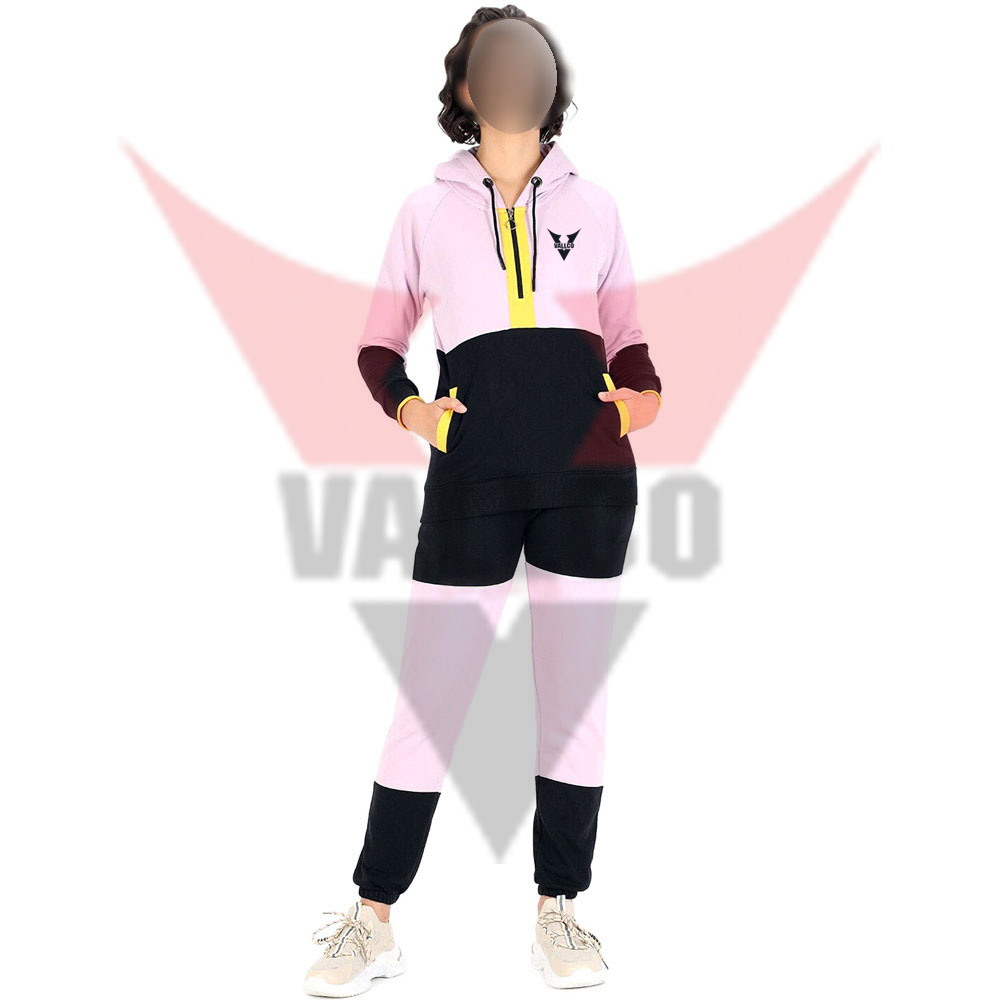 Latest Design Pink And White Contrast Tracksuit Hoodie With Pant 2 Piece Set Women Tracksuit