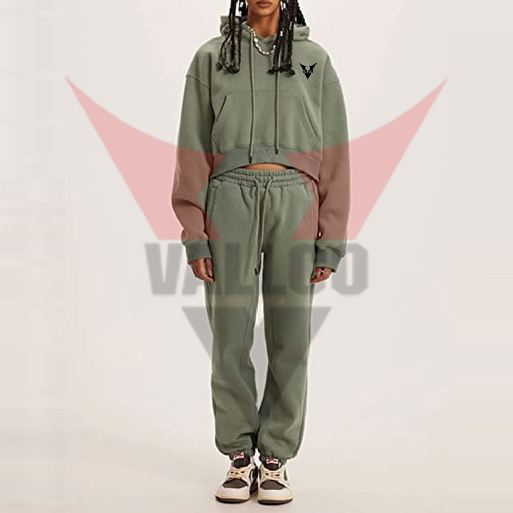 Women Pullover Tracksuit Set Casual Wear Outfits, Plain Long Sleeve Crop Hoodie And Jogger Sets