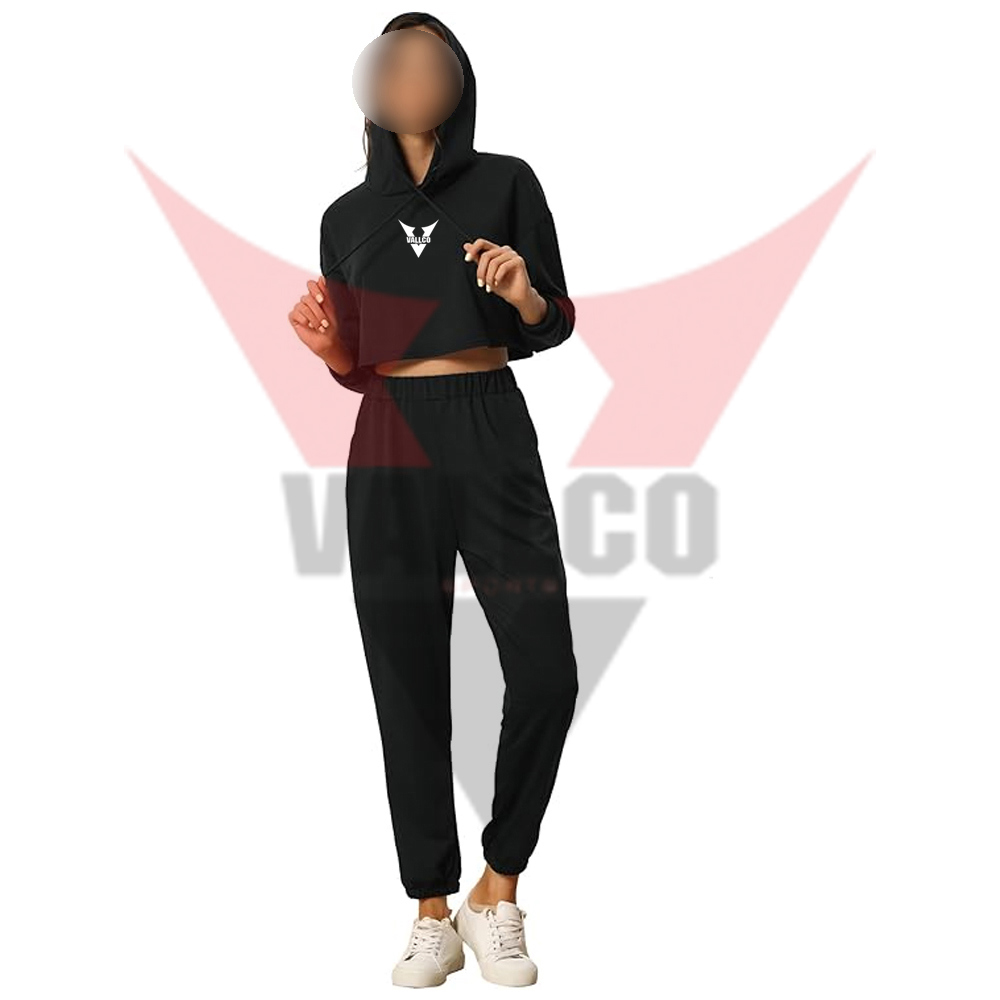Plain Black Color Long Sleeve Cropped Hoodie And Jogger Sets Casual Wear Women Comfort Fit Outfits