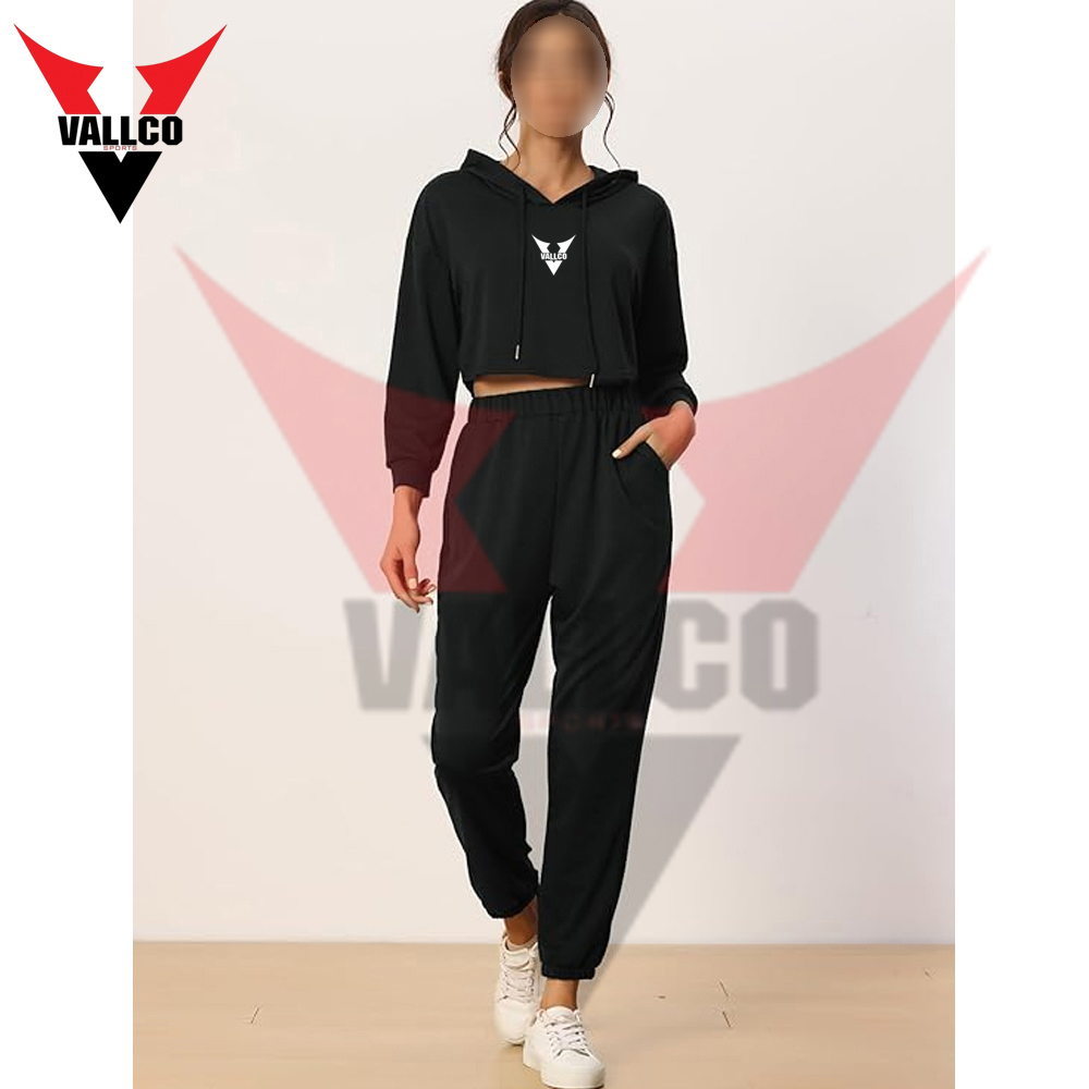 Plain Black Color Long Sleeve Cropped Hoodie And Jogger Sets Casual Wear Women Comfort Fit Outfits - view 2