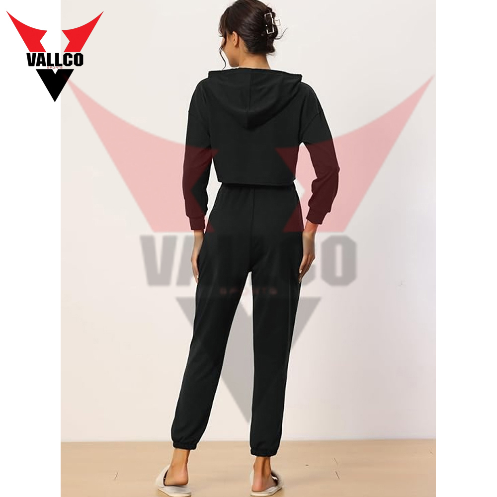 Plain Black Color Long Sleeve Cropped Hoodie And Jogger Sets Casual Wear Women Comfort Fit Outfits - view 14