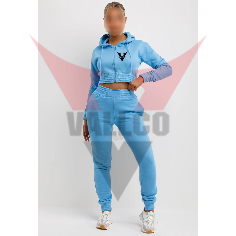 With Zip Front Crop Top And Jogger Set Sky Blue Color Casual Wear Women Comfort Fit Tracksuits