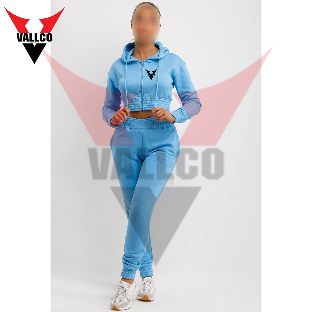 With Zip Front Crop Top And Jogger Set Sky Blue Color Casual Wear Women Comfort Fit Tracksuits - view 3