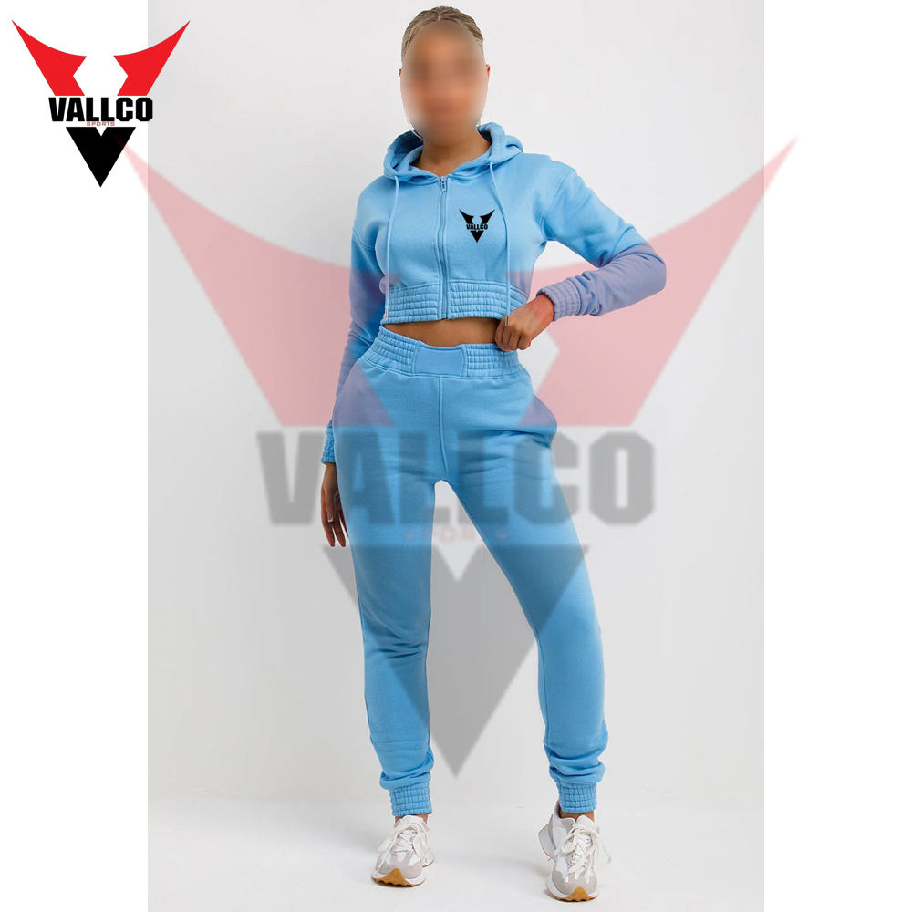 With Zip Front Crop Top And Jogger Set Sky Blue Color Casual Wear Women Comfort Fit Tracksuits - view 15