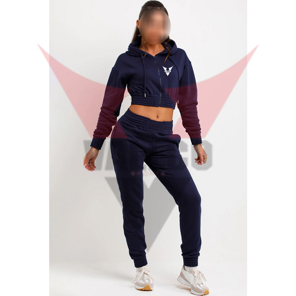 Zip Front Navy Color Ladies Gym Crop Tracksuits Long Sleeve Crop Tops Pants Casual Wear Tracksuit 
