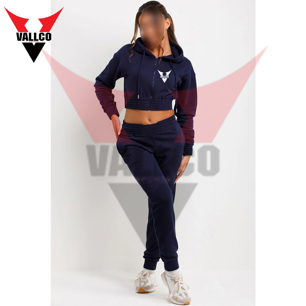 Zip Front Navy Color Ladies Gym Crop Tracksuits Long Sleeve Crop Tops Pants Casual Wear Tracksuit  - view 2