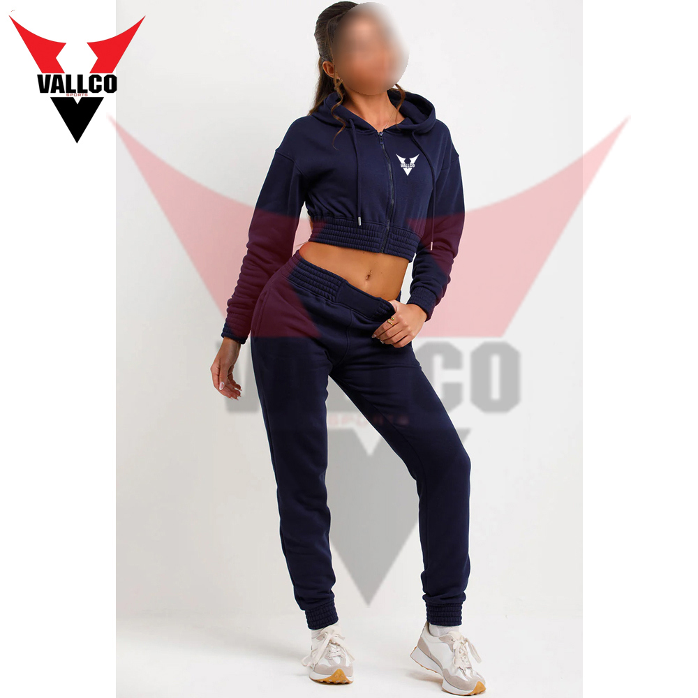 Zip Front Navy Color Ladies Gym Crop Tracksuits Long Sleeve Crop Tops Pants Casual Wear Tracksuit  - view 3