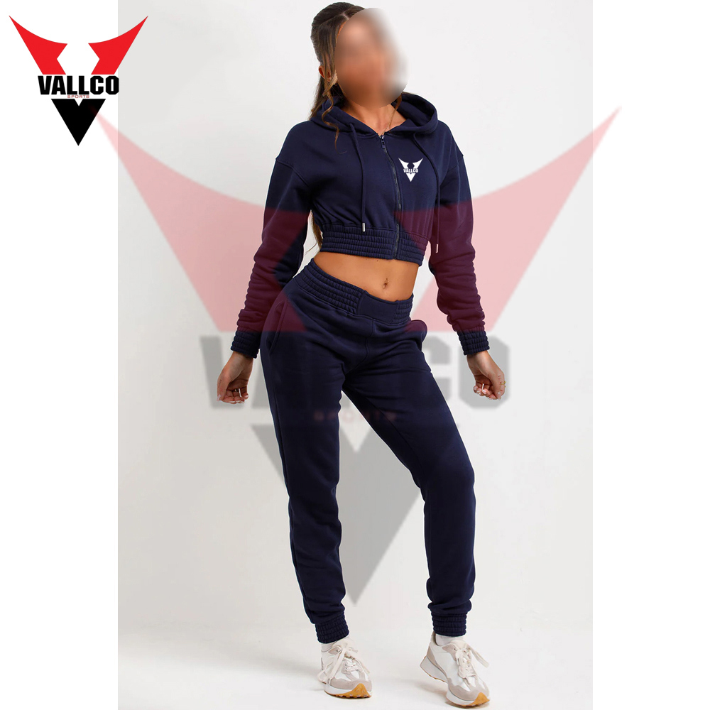 Zip Front Navy Color Ladies Gym Crop Tracksuits Long Sleeve Crop Tops Pants Casual Wear Tracksuit  - view 6