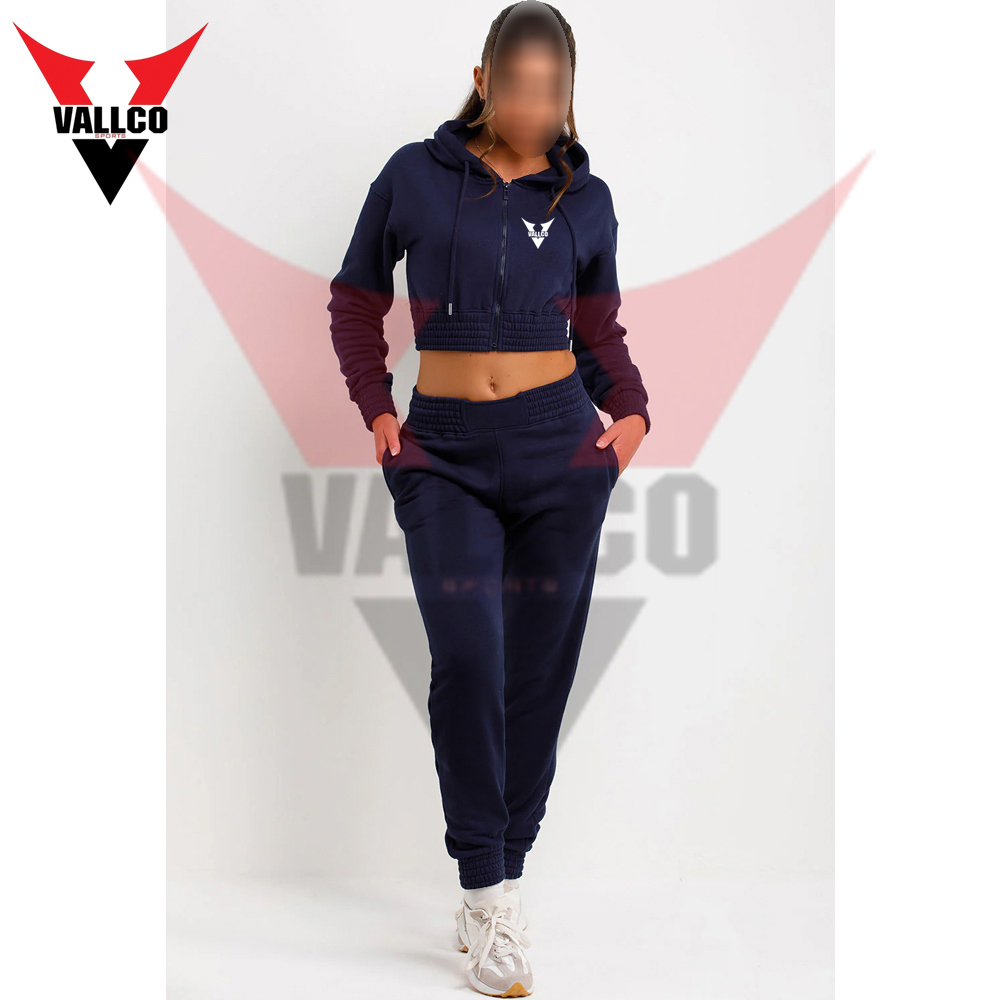 Zip Front Navy Color Ladies Gym Crop Tracksuits Long Sleeve Crop Tops Pants Casual Wear Tracksuit  - view 14