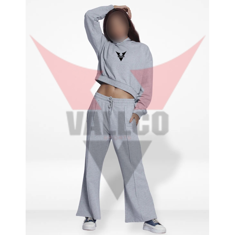 Women Hoodies And Trouser Set In Gray Color Casual Wear Comfort Fit Ladies Gym Crop Tracksuits