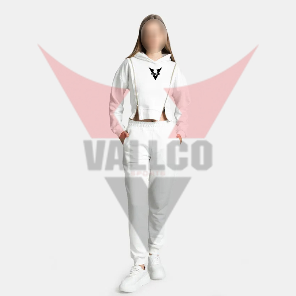 Zip Style In White Color Women Crop Top Tracksuits Long Sleeve Crop Tops And Jogger Tracksuit Set