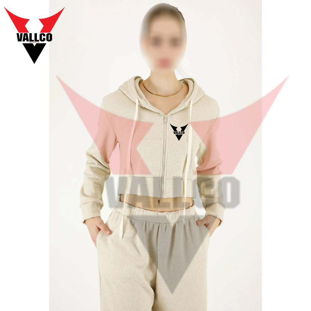 Women Premium Zip Up Cropped Classic Hoodie With Pant Outdoor Ladies Gym Crop Tracksuits - view 3