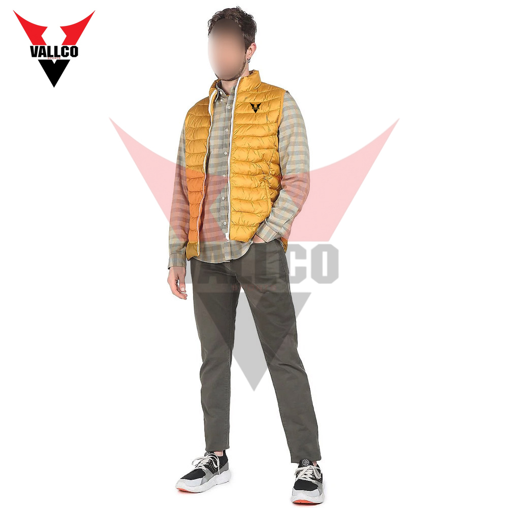  With Reasonable Price Outer Wear Men Mustard Stand Collar Sleeveless Solid Puffer Jacket - view 7