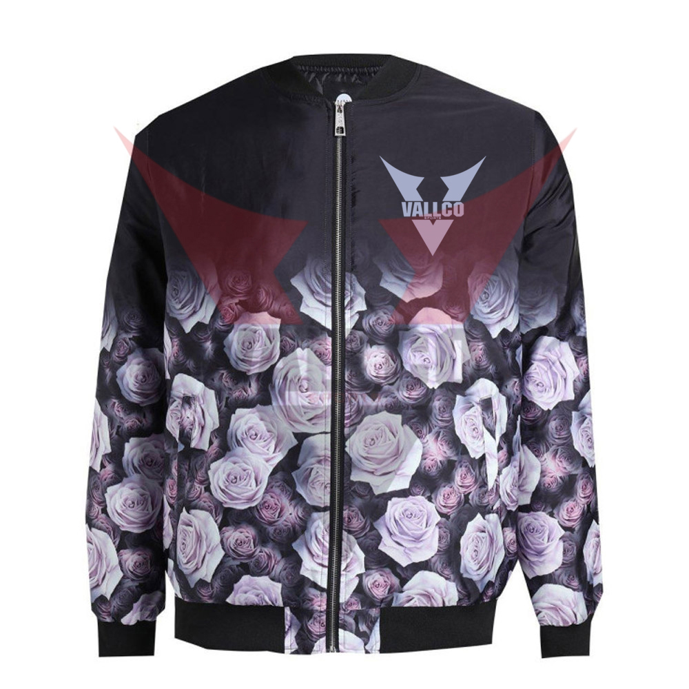 Customized Made Big Tall Black Rose  Printed Men Jacket Best Quality Sublimation Jackets For Winter