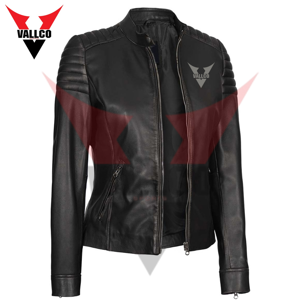  Unique Design Fully Customized Made Best Black Slim Fit Cafe Racer Women Leather Jacket - view 7