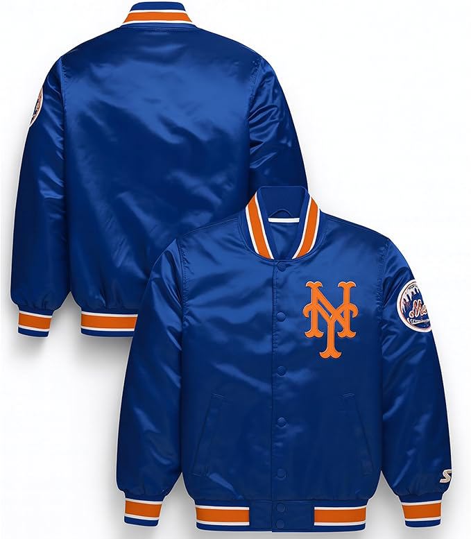 Men's Letterman Varsity Satin Baseball Jacket Winter Sportswear with Striped Trim Embroidery