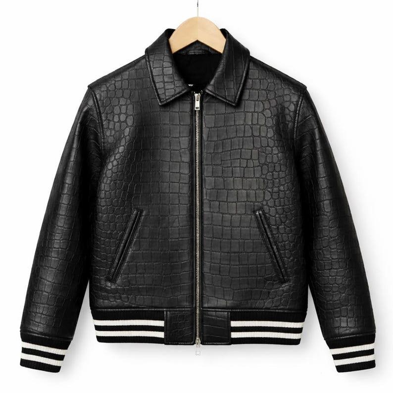 leather jacket with crocodile print embossed in real cowhide leather 