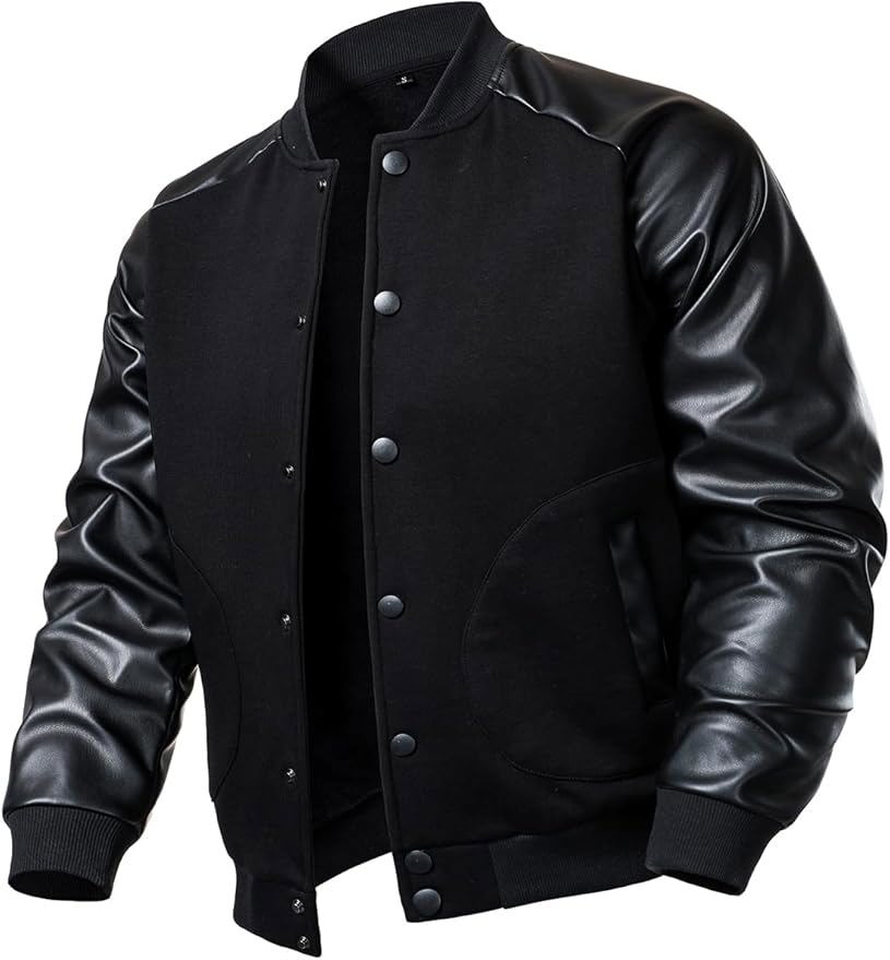 Varsity Baseball Jacket Cotton Blend Letterman Jacket with Faux Leather Sleeve Bomber Coat